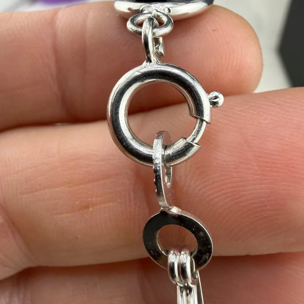 Vintage Sterling Silver Link Bracelet Signed LF Black Polished Stone  7